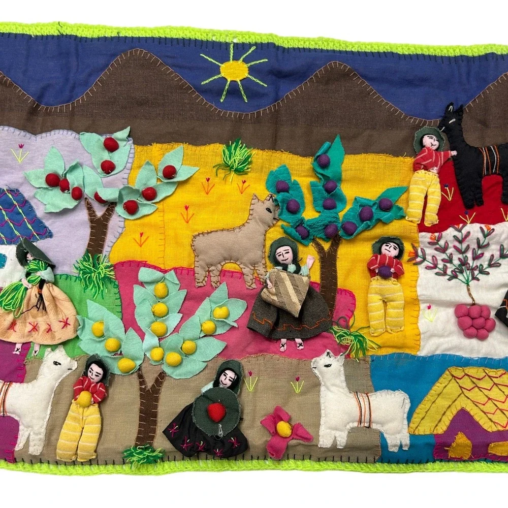 Handmade Peruvian Arpillera Folk‎ Art Wall Hanging Large Multi-Color Boho Decor
